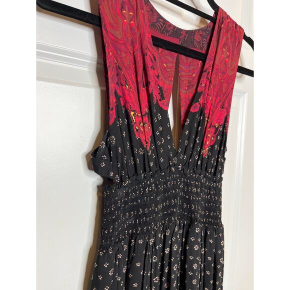 Free People XS Walking Through Dreams Red Black V neck Fit Flare Mini Dress - Picture 6 of 12
